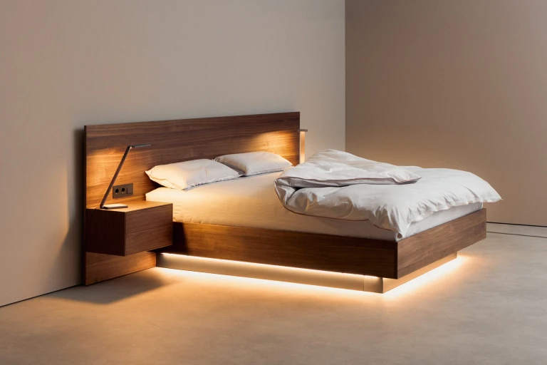 Wandpaneel und Bettgestell aus geöltem, amerikanischen Nussbaum