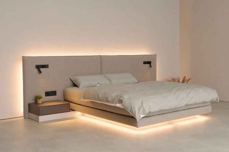 Ultraflaches Boxspringbett mit zweigeteiltem, gepolstertem Wandpaneel