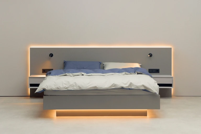Systembett mit tiefmatt lackiertem Wandpaneel